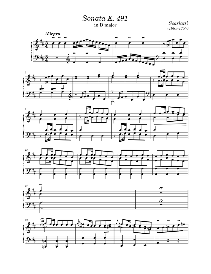 Keyboard Sonata In D Major K.491 by Domenico Scarlatti Sheet