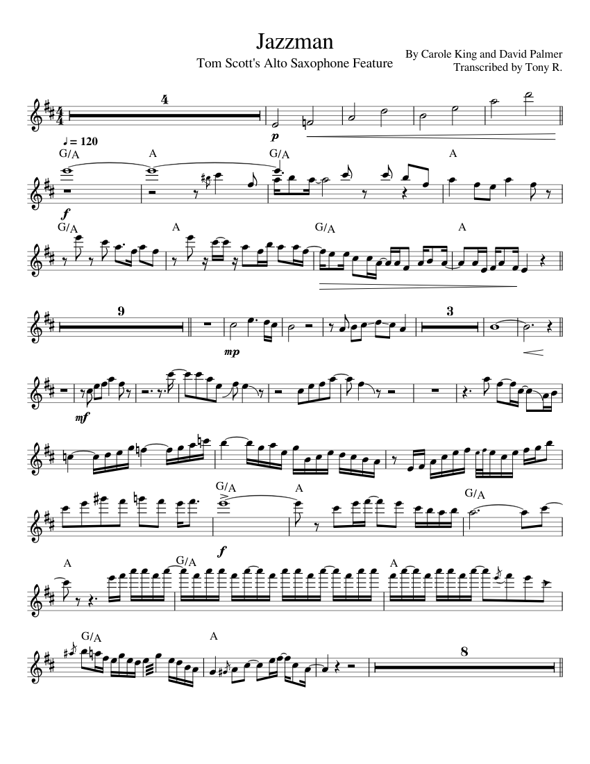Jazzman - Carole King Sheet Music with Chords for Saxophone alto