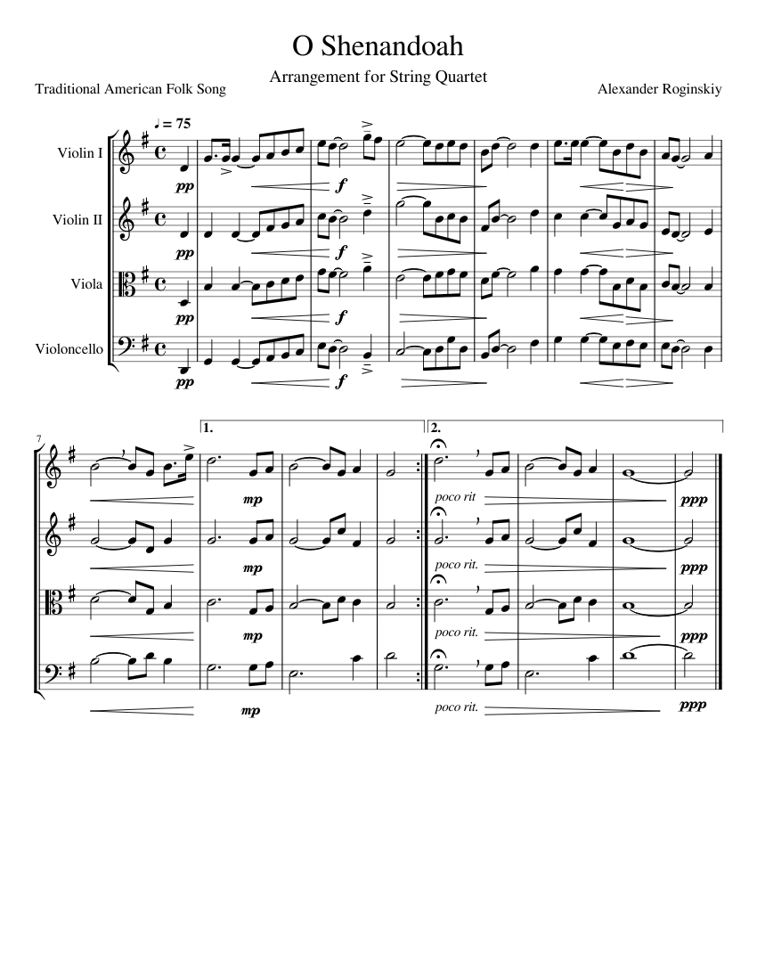 O Shenandoah Sheet Music for Violin, Viola, Cello (String Quartet ...