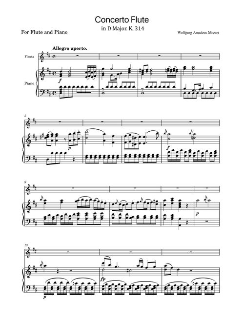 Mozart - Flute Concerto in D major, K.314/285d - Original For Flute and Piano Score and Parts (Arr. poon) - Wolfgang Amadeus Mozart (Flute and Piano)
