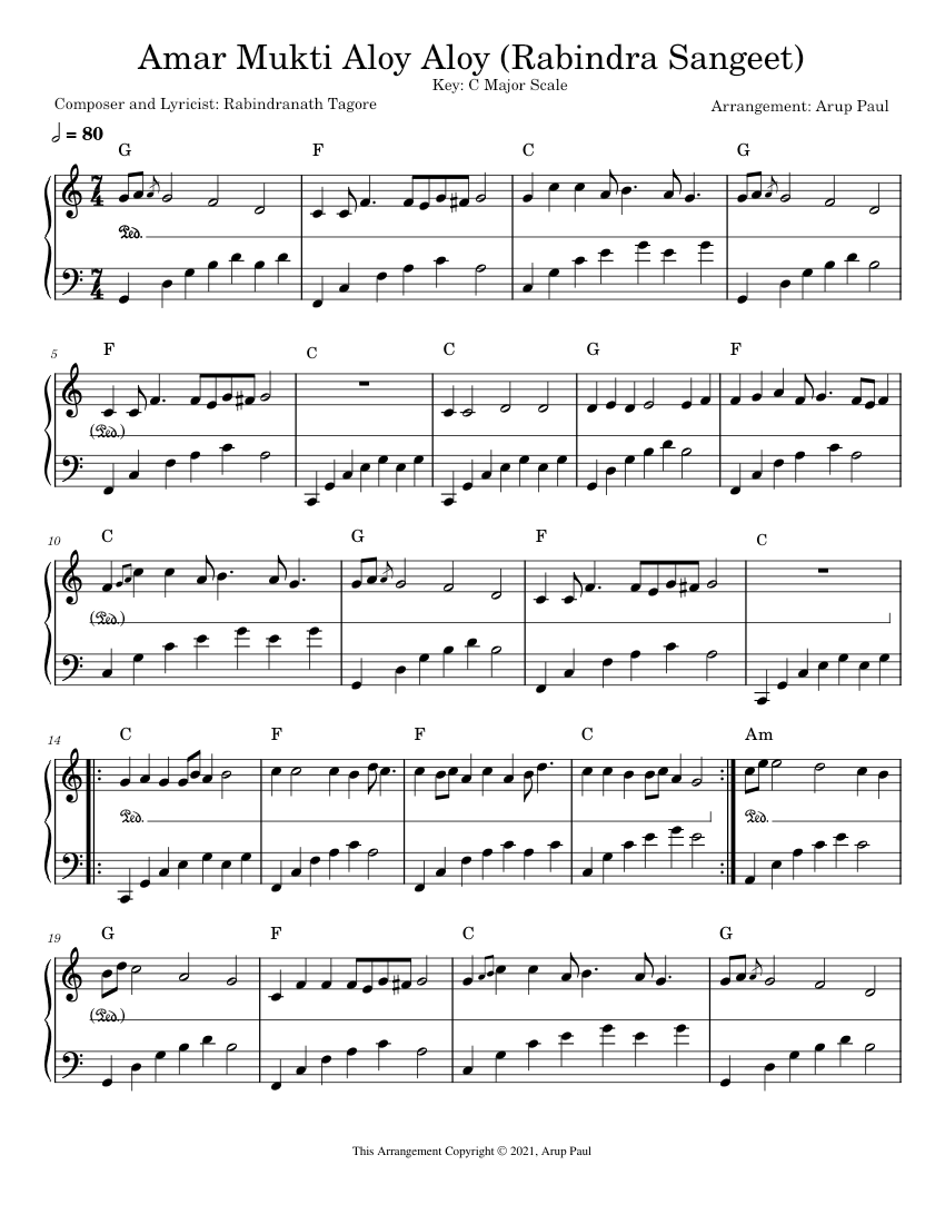Allah Rakhi Partition Amar Mukti Aloy Aloy Rabindra Sangeet Piano Solo Version Staff Notation ...