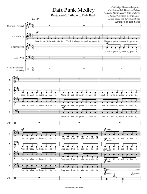Daft Punk Medley (Pentatonix) Full Arrangement SATB