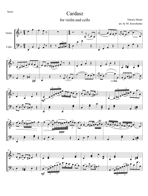 Vittorio Monti - Czardas arr. for violin and cello (score and parts) (Arr. Maksym Kravchenko) (Instrumental Duet)