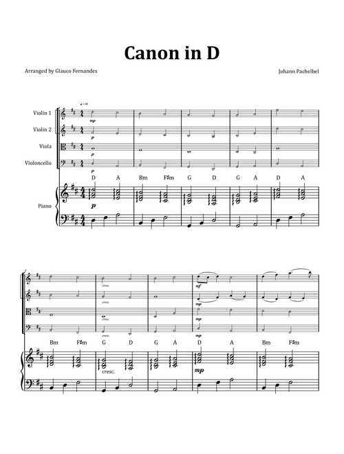 Canon by Pachelbel - String Quartet with Piano and Chord Notation (Arr. Glauco Fernandes) - Johann Pachelbel (String Quartet)