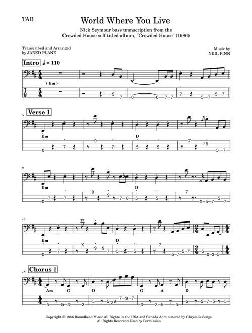 World Where You Live (Arr. Jared Plane) - Crowded House (Bass Tab)