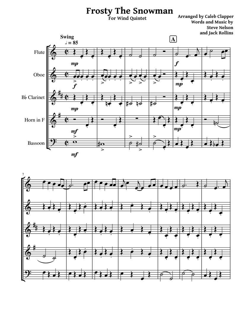 Frosty The Snowman for Wind Quintet Sheet Music for Flute, Oboe ...