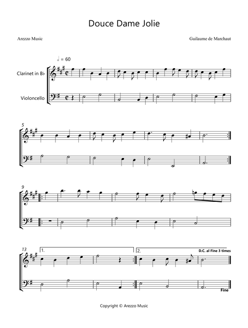 Douce Dame Jolie - Clarinet and Cello Arrangement (Arr. Arezzo Music) - Guillaume de Machaut (Instrumental Duet)