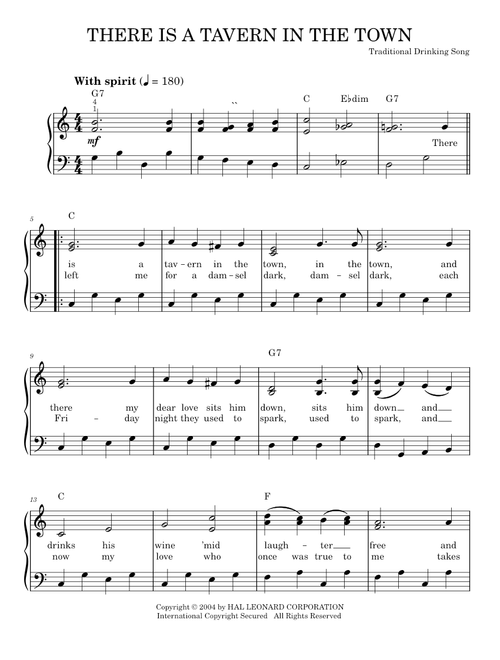 There Is A Tavern In The Town - Traditional Drinking Song (Easy Piano)