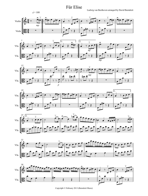Für Elise for Violin and Viola Duet (Arr. David Burndrett) - Ludwig van Beethoven (Instrumental Duet)