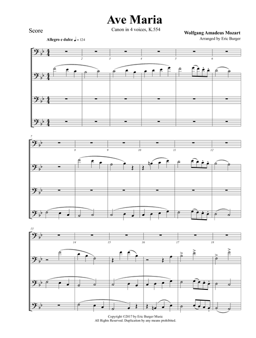 Ave Maria for Trombone or Low Brass Quartet (Arr. Eric Burger Music) (Brass Ensemble)