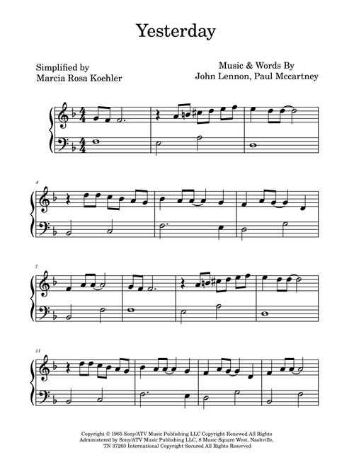 Yesterday (Arr. Marcia Rosa Koehler) - Adam Levine & Tony Lucca (Easy Piano)
