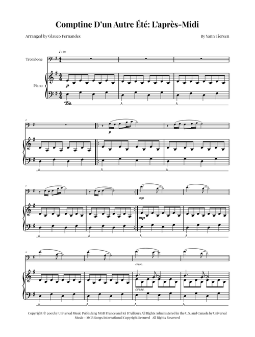 Comptine D'un Autre Été: L'après-Midi (Arr. Glauco Fernandes) - Yann Tiersen (Trombone and Piano)