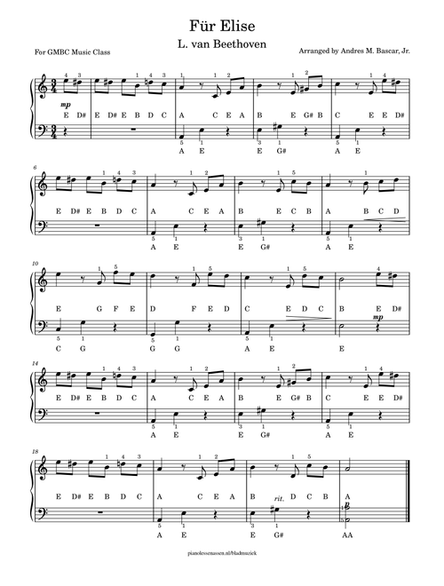 Fur Elise (Arr. Andres Bascar Jr) (Easy Piano)
