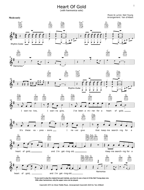 Heart Of Gold (Arr. Yan d'Albert (with harmonica solo)) - Neil Young (Guitar Chords-Lyrics)