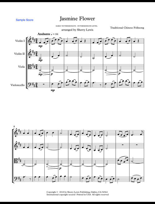 JASMINE FLOWER - Traditional Chinese Folk Song, String Quartet, Intermediate Level of 2 violins, vio (Arr. Sherry Lewis) - A Traditional Chinese Folk Song (String Quartet)