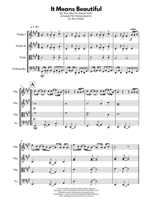 It Means Beautiful (Arr. Arranged by Alex Diego) - Dan Gillespie Sells (String Quartet)