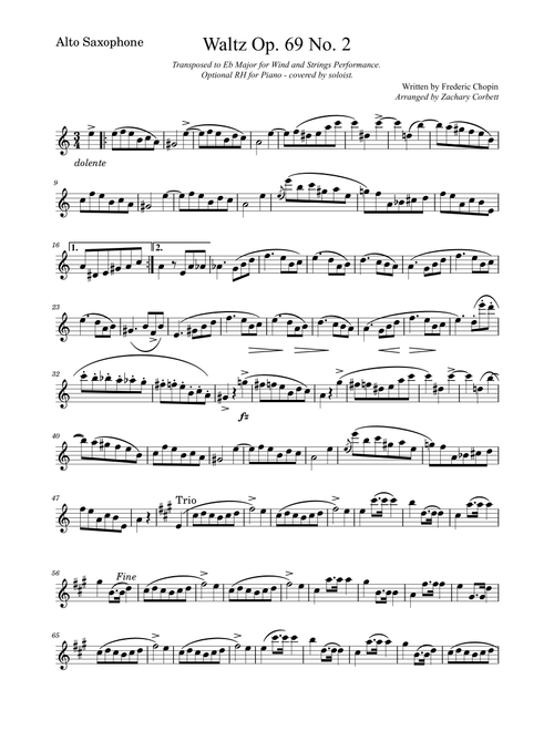 Waltz Op. 69 No. 2 (Arr. Zachary Corbett) - Chopin (Alto Sax and Piano)