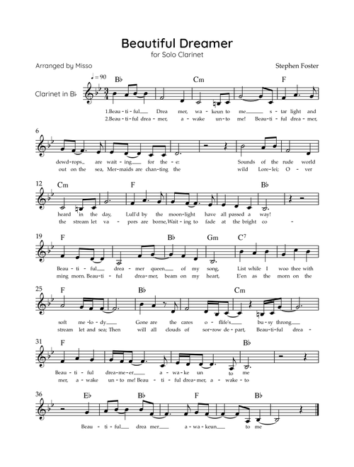 Beautiful Dreamer - Solo Bb Clarinet in Ab Major Easy - Lyrics & Chords (Version Tom Roush) (Arr. Misso) (Clarinet Solo)