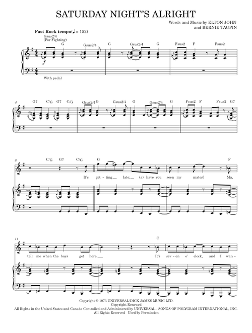 Saturday Night's Alright (For Fighting) - Elton John (Piano Vocal)