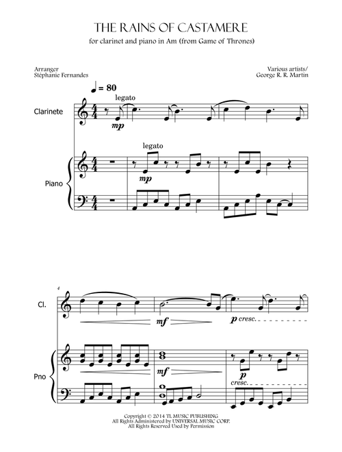 The Rains Of Castamere (Arr. Stéphanie Fernandes) - Various (Clarinet and Piano)