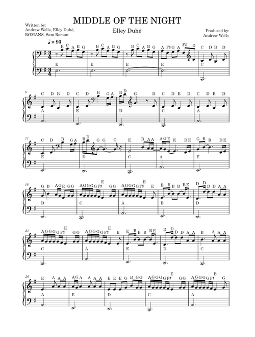 Middle of the Night – Elley Duhé Solo-Piano Beginner