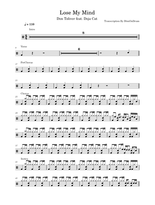 Lose My Mind - Don Toliver feat. Doja Cat / Drum Sheet Music By bbmOnDrum