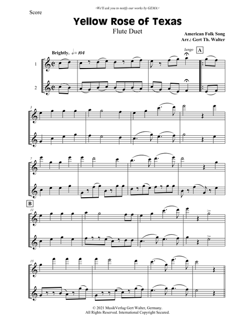 Yellow Rose of Texas (Arr. Gert Th. Walter) - American Folk Song (Flute Duet)