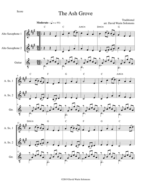 The Ash Grove (Llwyn Onn) for 2 alto saxophones and guitar (Arr. David Warin Solomons) - Traditional (Instrumental Duet)