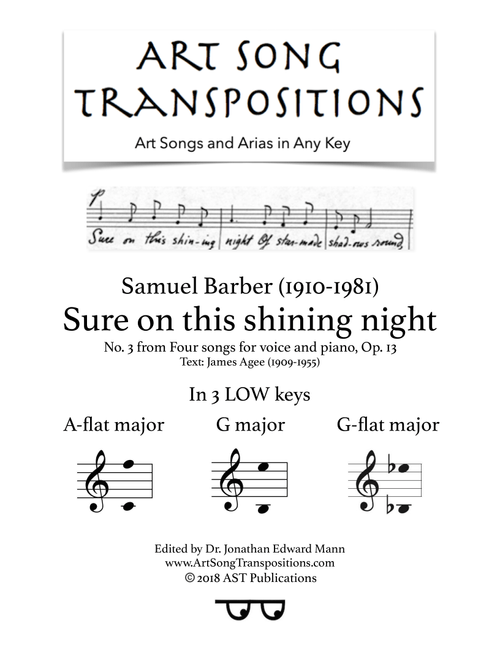 Sure On This Shining Night, Op. 13, No. 13 (Arr. ArtSongTranspositions.com) - Samuel Barber (Piano Vocal)