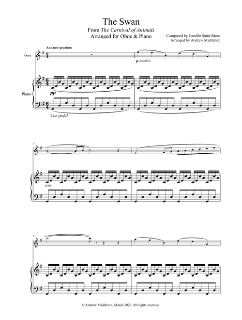The Swan from The Carnival of Animals arranged for Oboe and Piano (Arr. Andrew Middleton) - Camille Saint-Saen (Small Ensemble)