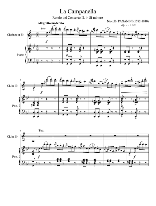 Violin Concerto No 2, op. 7 (La Campanella) – Niccolò Paganini La Campanella for Clarinet and Piano