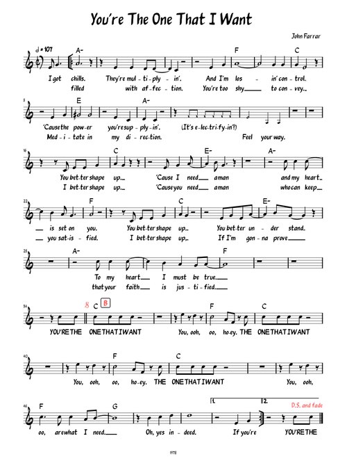 You're The One That I Want (Lead sheet with lyrics )