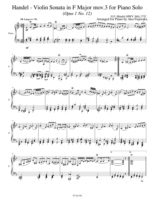 Handel - Violin Sonata in F Major mov.3 for Piano Solo (Opus 1 No. 12)