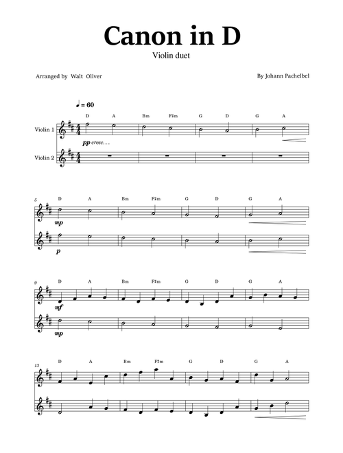 Canon in D - Violin Duet - Easy - Johann Pachelbel (with chords) (Arr. Walt Oliver) (Violin Duet)
