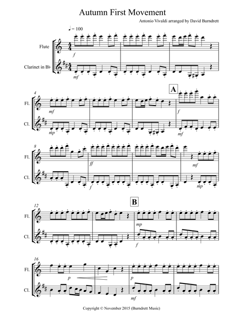 Autumn "Four Seasons" for Flute and Clarinet Duet (Arr. David Burndrett) - Antonio Vivaldi (Instrumental Duet)