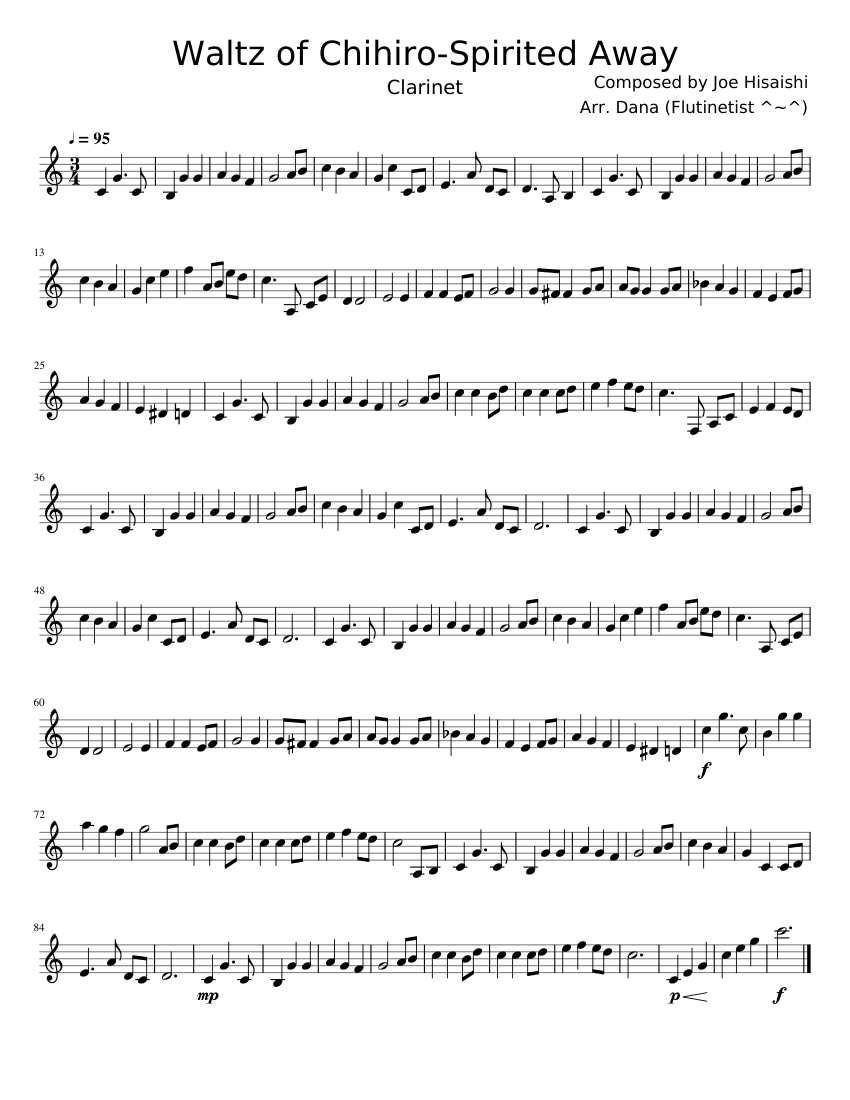 Waltz of Chihiro- Clarinet Sheet Music for Clarinet in b