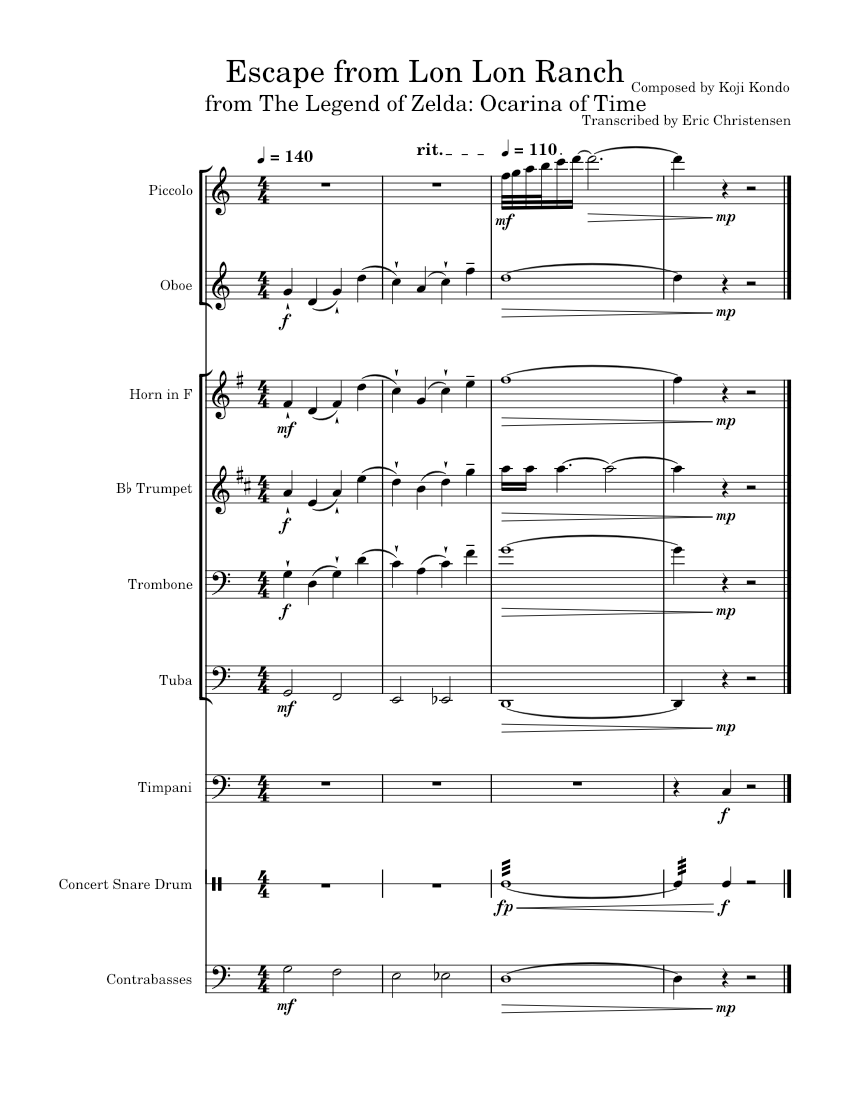 Escape from Lon Lon Ranch Ocarina of Time Sheet music for Tuba, Flute