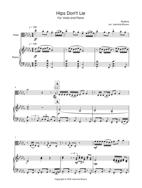 Hips Don't Lie (Arr. Jasmine Brown) - Shakira Featuring Wyclef Jean (Viola and Piano)