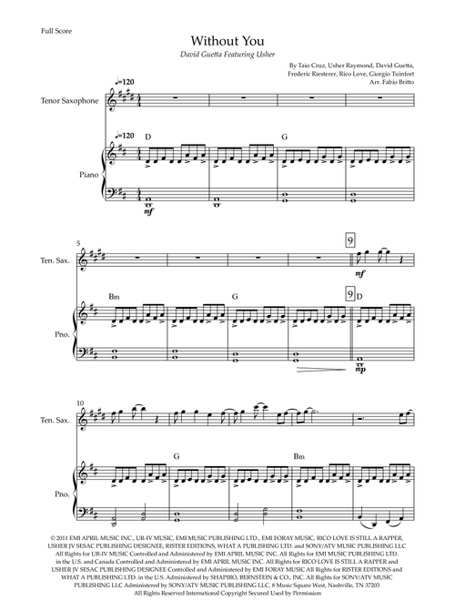Without You (Arr. Fabio Britto) - David Guetta Featuring Usher (Tenor Sax and Piano)