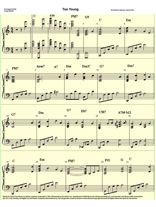 Too Young (Arr. Doug Abbott) - Sid Lippman, Sylvia Dee (Piano-Vocal-Guitar (Piano Accompaniment))