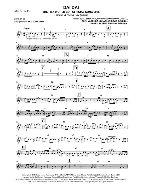 Dai Dai (Arr. Christoph Ohm) - Shakira & Burna Boy (Alto Sax Solo)