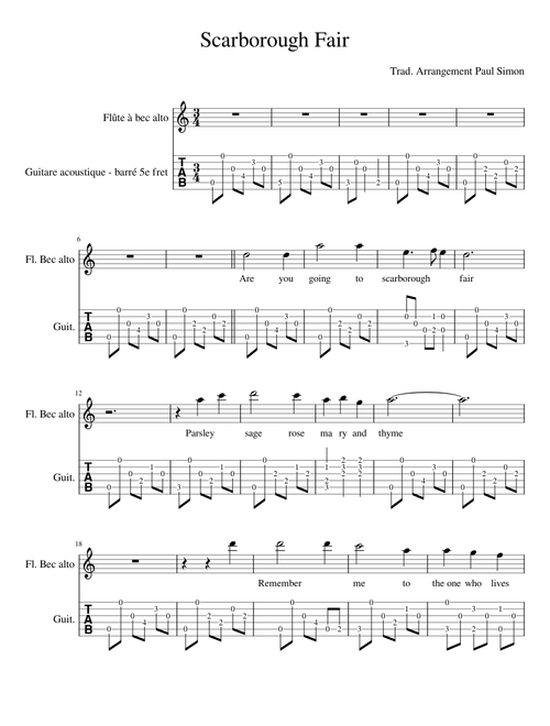 Scarborough Fair Guitar Tabs + voice (or any instrument)