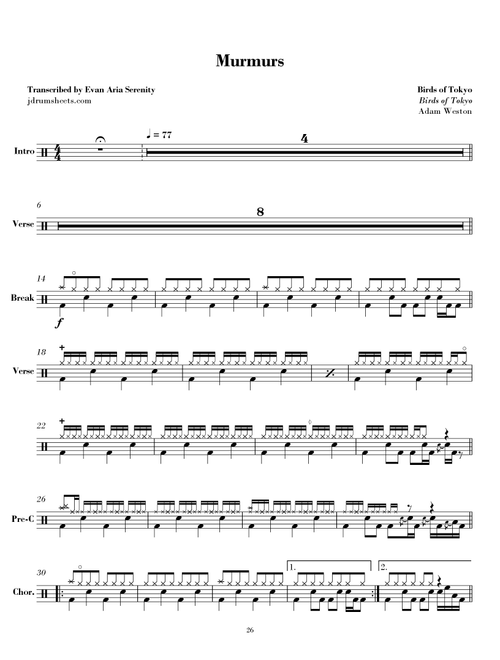 Murmurs (Arr. Evan Aria Serenity) - Birds Of Tokyo (Drums)