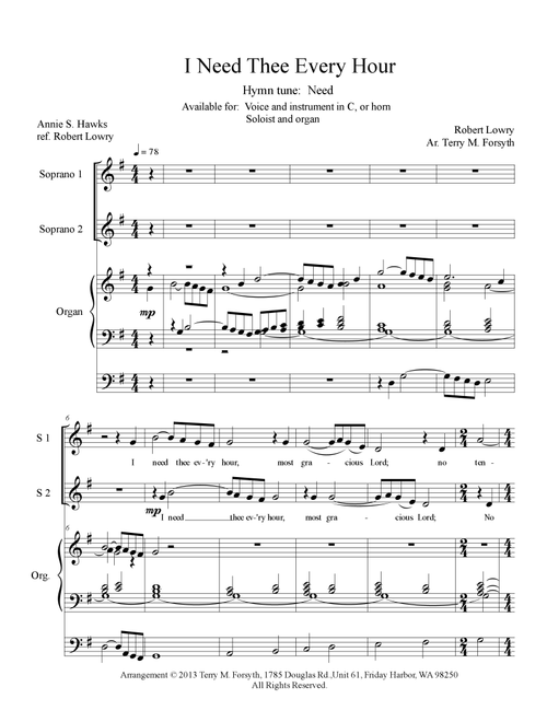 "I Need Thee Every Hour", duet (Arr. Terry M. Forsyth) - Robert Lowry (Instrumental Duet)