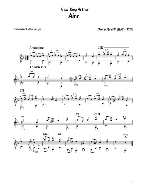Aire from King Arthur By Henry Purcell - Guitar