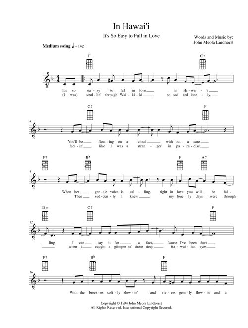 In Hawai'i (It's So Easy to Fall in Love) - Abbreviated Ending - John Meola Lindhorst (Ukulele Chords-Lyrics)