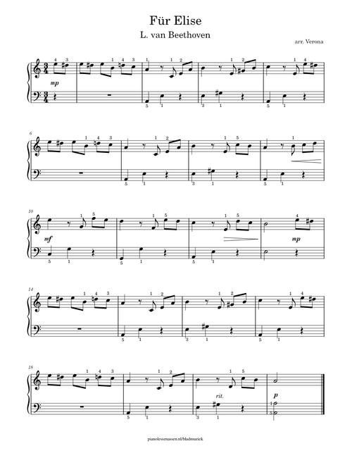 Für Elise for beginner piano (easy with fingering)
