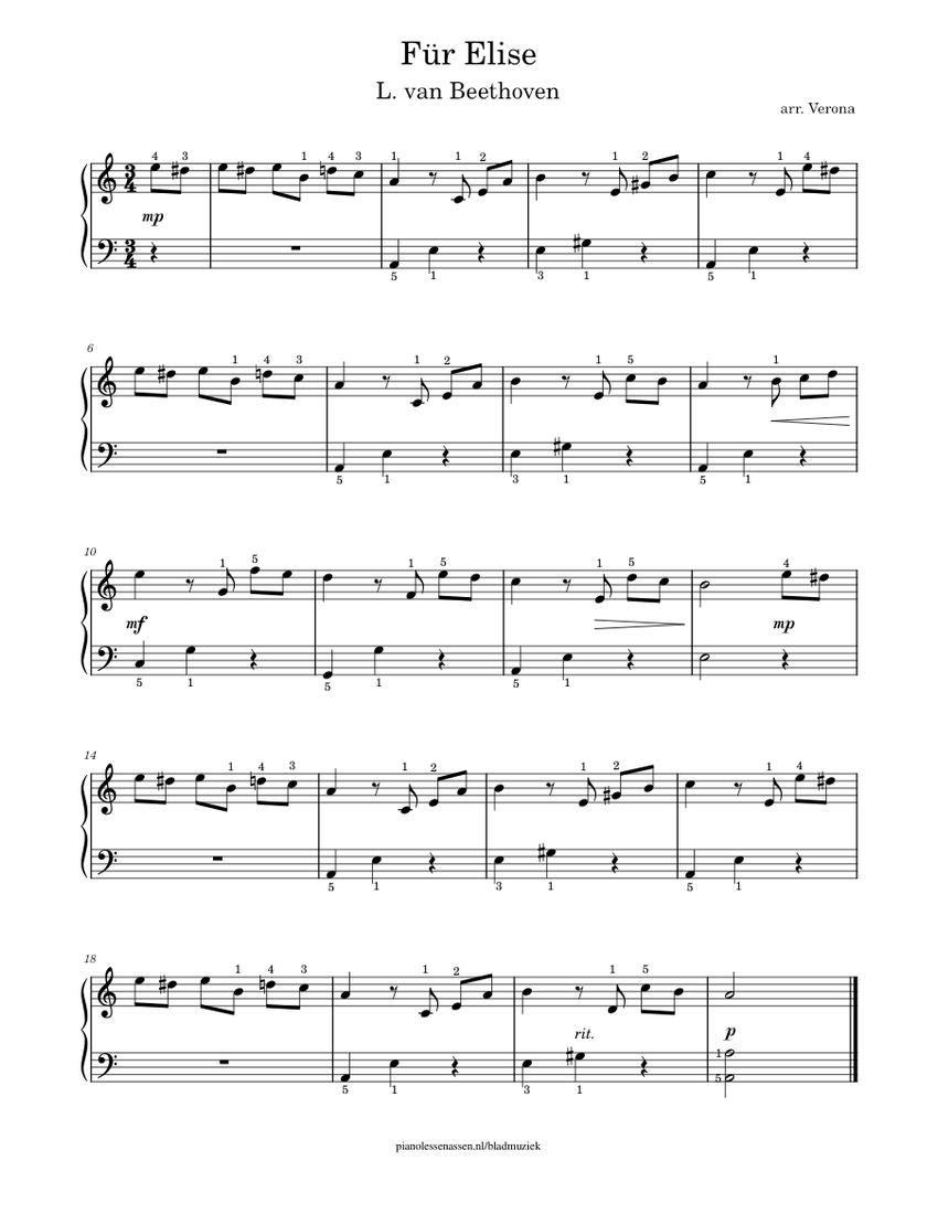 Für Elise for beginner piano (easy with fingering) Sheet music for