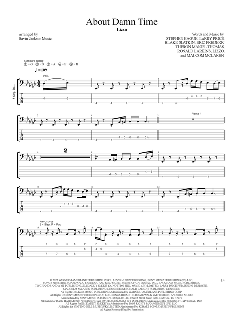 About Damn Time (Arr. Gavin Jackson Music) - Lizzo (Bass Tab)