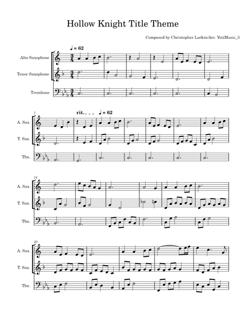 Hollow Knight Main Theme – Christopher Larkin (Title Theme) Alto Sax, Tenor Sax, Trombone